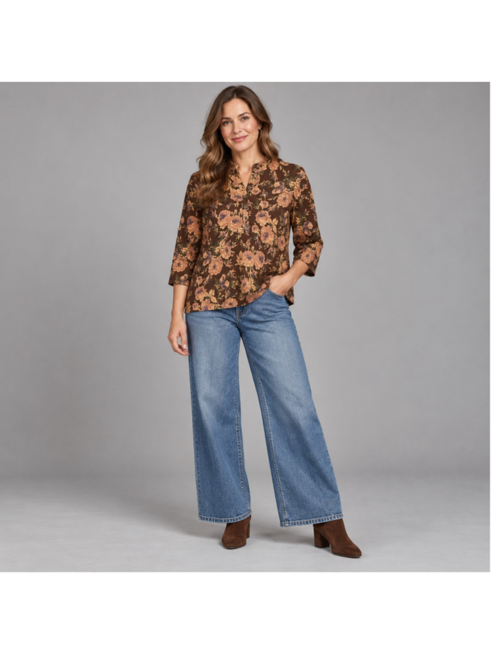 Chaps Brown Floral Ruffle-Neck Cotton Top Size Large
Condition: Excellent preow